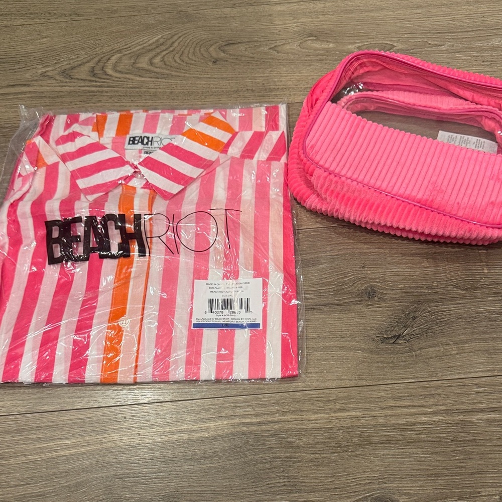 Beach Riot Striped Pink and Orange Shirt with Bag Set
